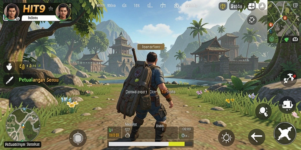 Screenshot utama HIT9 menampilkan pemain yang menjelajahi dunia terbuka.