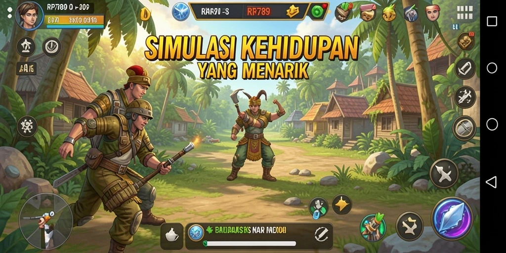 Screenshot utama game menunjukkan karakter dalam suasana simulasi yang ceria.