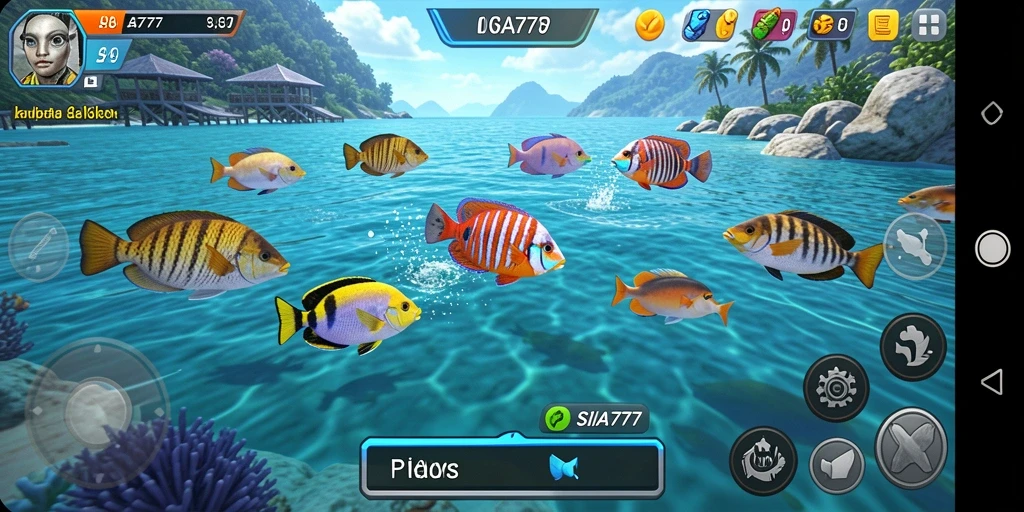 Screenshot dari gameplay SIA777 yang menampilkan aksi menembak ikan.